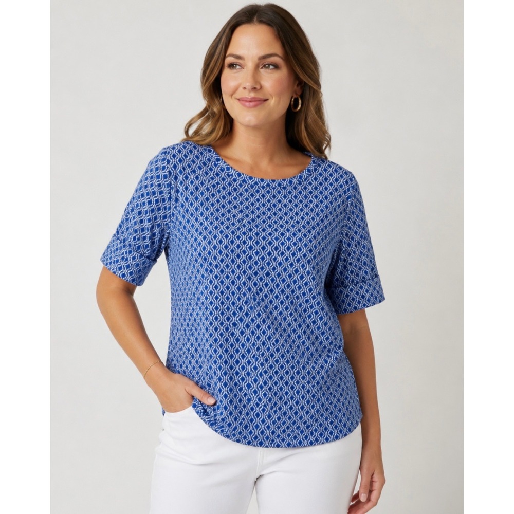 Liz Claiborne Women's XXL Blue White Geometric Diamond Print Cotton Top